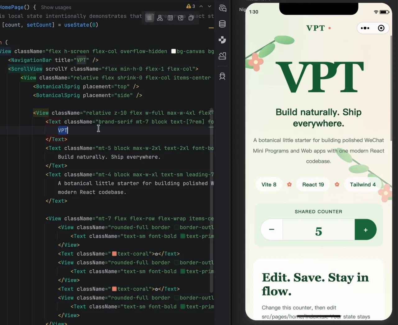 VPT 的 React 源码与微信开发者工具中的应用,计数器值为 5